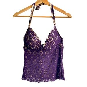 Becca by Rebecca Virtue Crochet Lace Halter Tankini Top Purple Small